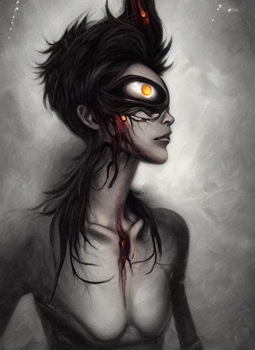 Prompt: dark portrait painting of tracer from overwatch, in style of zdzisław beksinski, scary, horror, 4 k, feminine facial features, overwatch tracer character, horror, body horror, disturbing, detailed face, dressed in dark garment, black tendrils, tall,