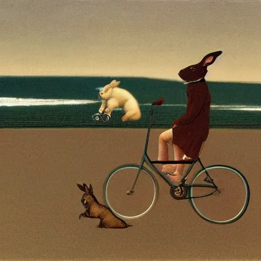 Prompt: a rabbit is chasing a car on a bicycle, by michael sowa.