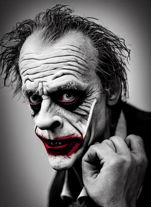 Prompt: photo of Christopher Lloyd as the Joker by Lee Jeffries, detailed, award winning, Sony a7R, trending on artstation