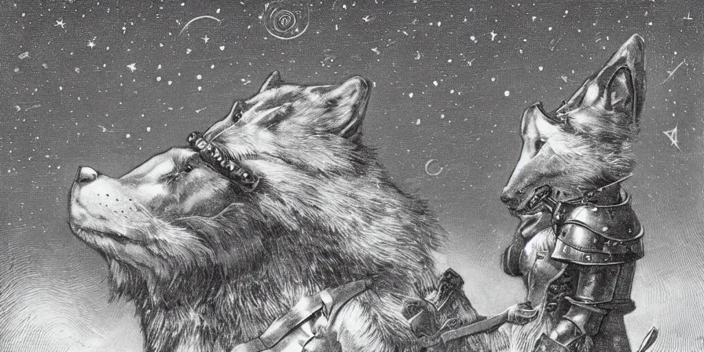 Image similar to anthropomorphic furry wolf in armor looking at the stars, 1900s picture