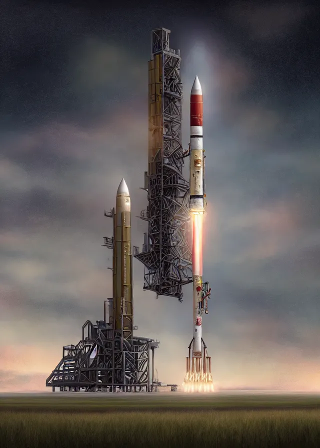 Image similar to epic professional digital art of complex heavy vertical rocket on launch pad, at takeoff, ambient light, painted,, cinematic, detailed, grand, leesha hannigan, wayne haag, reyna rochin, ignacio fernandez rios, mark ryden, van herpen, artstation, cgsociety, epic, stunning, gorgeous, wow wow detail