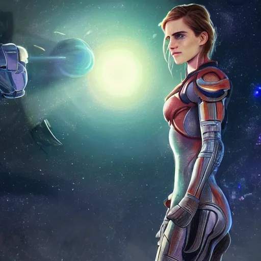 Image similar to a highly detailed matte portrait emma watson as samus aran standing in a space station and looking at jupiter, sci fi and fantasy, viewed in profile from far away, crackling black lightning, ultrawide lens, art by artgerm and greg rutkowski and alphonse mucha, volumetric lighting, octane render, 4 k resolution, trending on artstation, masterpiece