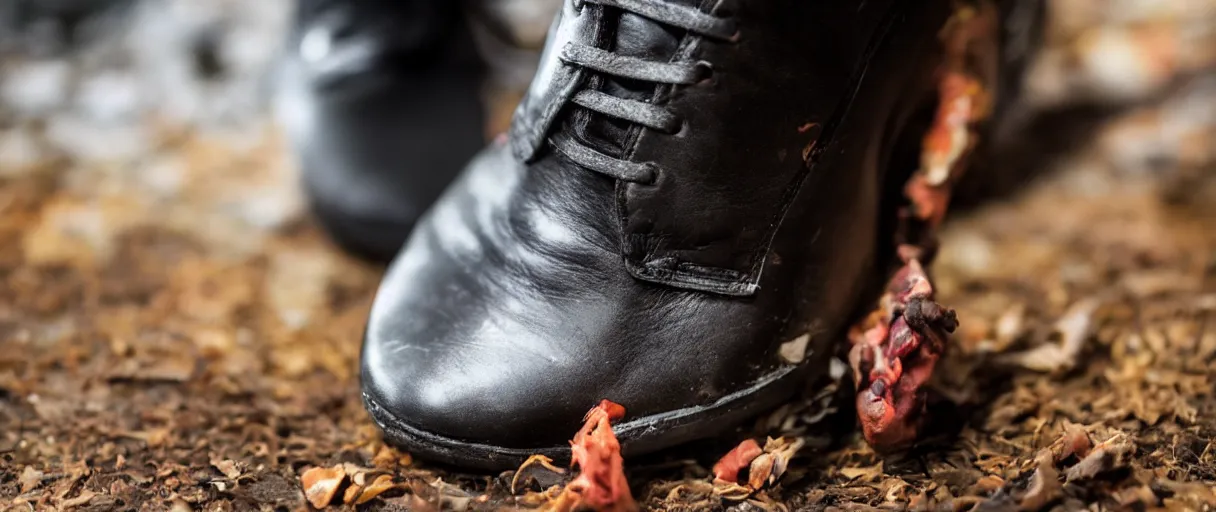Prompt: a realistic film HD high qualiity depth of field color closeup photograph of a freshly severed human foot wearing a black leather shoe, in the style of a 1980s horror movie