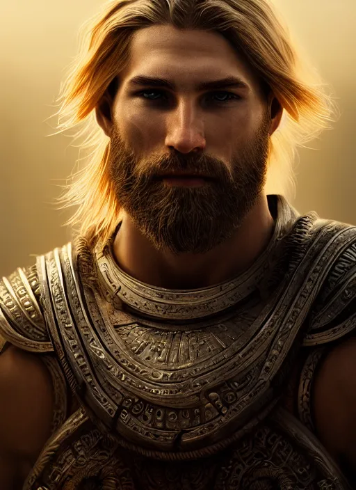 Prompt: portrait of a spartan hoplite hero, long blond hair and beard, perfect facial symmetry + dim volumetric lighting, 8k octane beautifully detailed render, post-processing, extremely hyperdetailed, intricate, epic composition, grim yet sparkling atmosphere, cinematic lighting + masterpiece, trending on artstation
