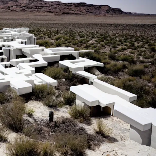 Prompt: white habitat 6 7, lego architect building in the dessert, many plants and infinite pool