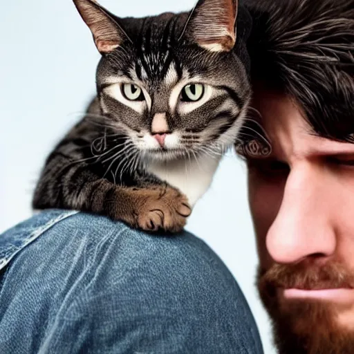 Image similar to a cat sitting on an angry man's head, stock photo