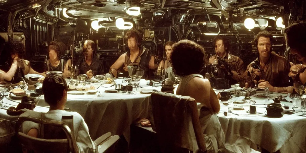 Prompt: a dinner scene with Ripley and 6 other people in a round table within the Nostromo by Ridley Scott, Alien movie, grainy, bluish and cream tones