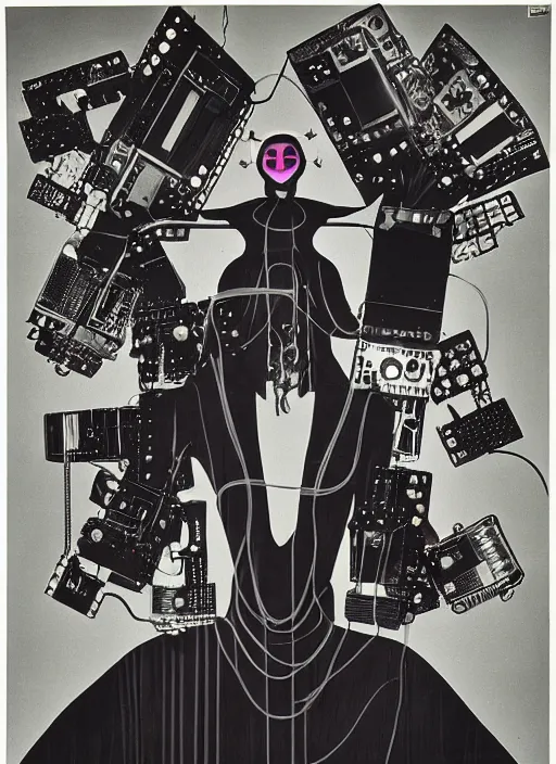 Prompt: Portrait of a punk goth fashion fractal mecha girl with a television head wearing kimono made of circuits and leds, surreal photography by Man Ray