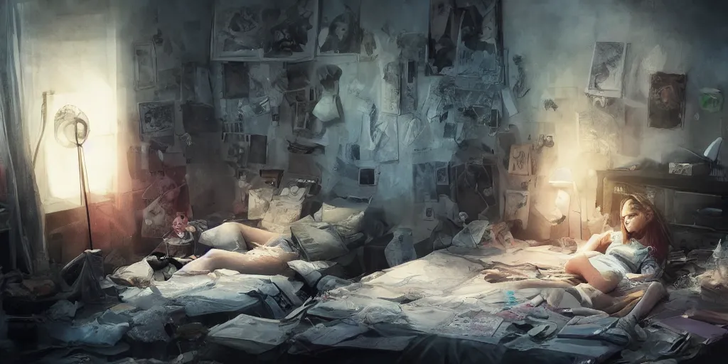 Image similar to an environmental concept art of an angsty female teen, laying on the bed in her cluttered bedroom, highly detailed, cinematic, dramatic lighting, close shot by francis tneh