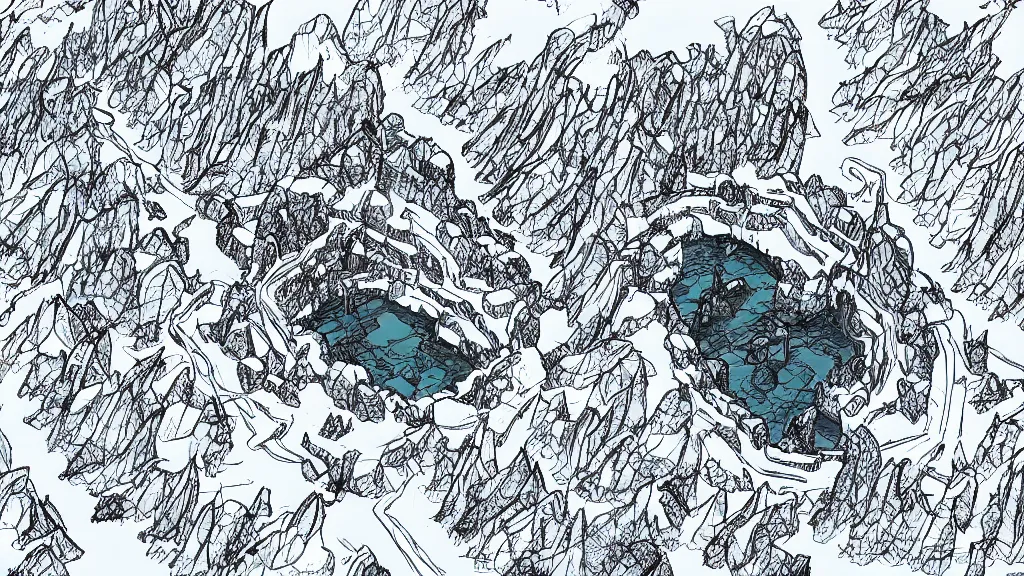 Prompt: Aerial view of a wizard tower surrounded by an ice cave, a fire cave, an ice mine and a fire mine, lineart, colored