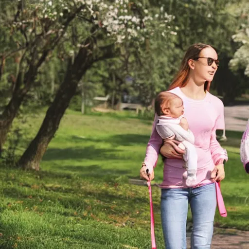 Image similar to a wife going for a walk with her baby on a nice day.