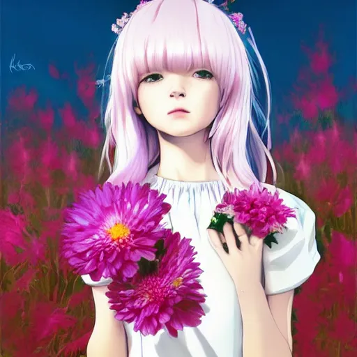 Image similar to little girl with flowers in hair wearing an white dress, art by ilya kuvshinov, profile picture, inspired in hirohiko araki, realistic, highly detailed, 8 0 s anime art style