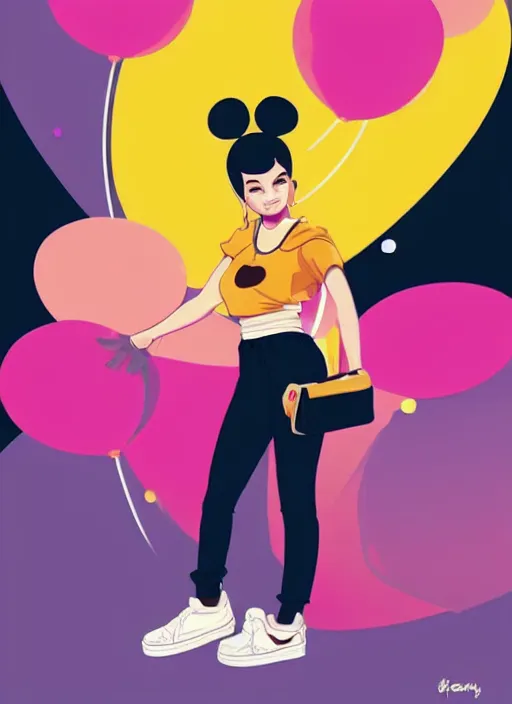 Image similar to woman, black hair, tan skin, curvy, slight resemblance to selena gomez with mickey mouse ears. colorful clothes. clean cel shaded vector art. shutterstock. behance hd by lois van baarle, artgerm, helen huang, by makoto shinkai and ilya kuvshinov, rossdraws, illustration,