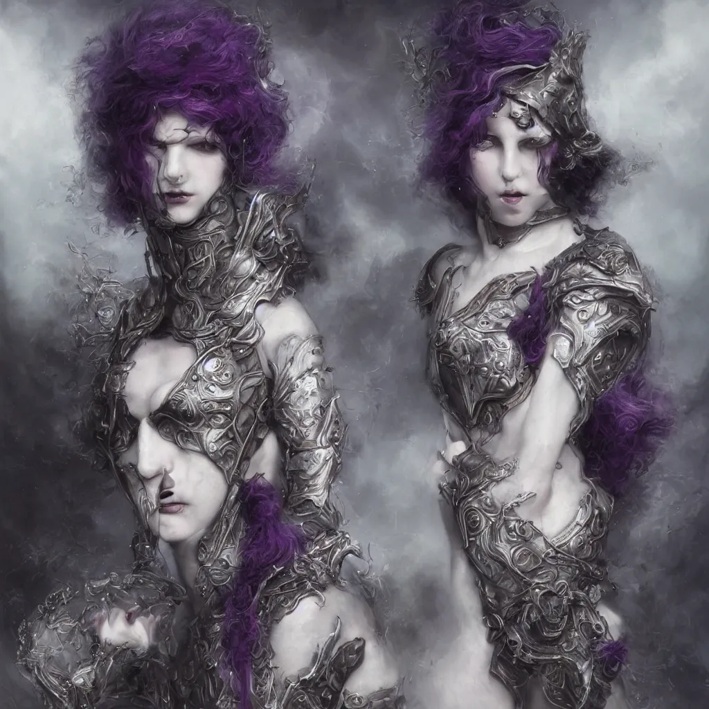 Prompt: tom bagshaw, soft painting centered portrait body shot fractal curiosities carnival, a single beautiful anthropomorphic female wolf mutation in full nightshade gothic armor, accurate features, focus, very intricate ultrafine details, black white purple volumetric clouds, award winning masterpiece, octane render 8 k hd