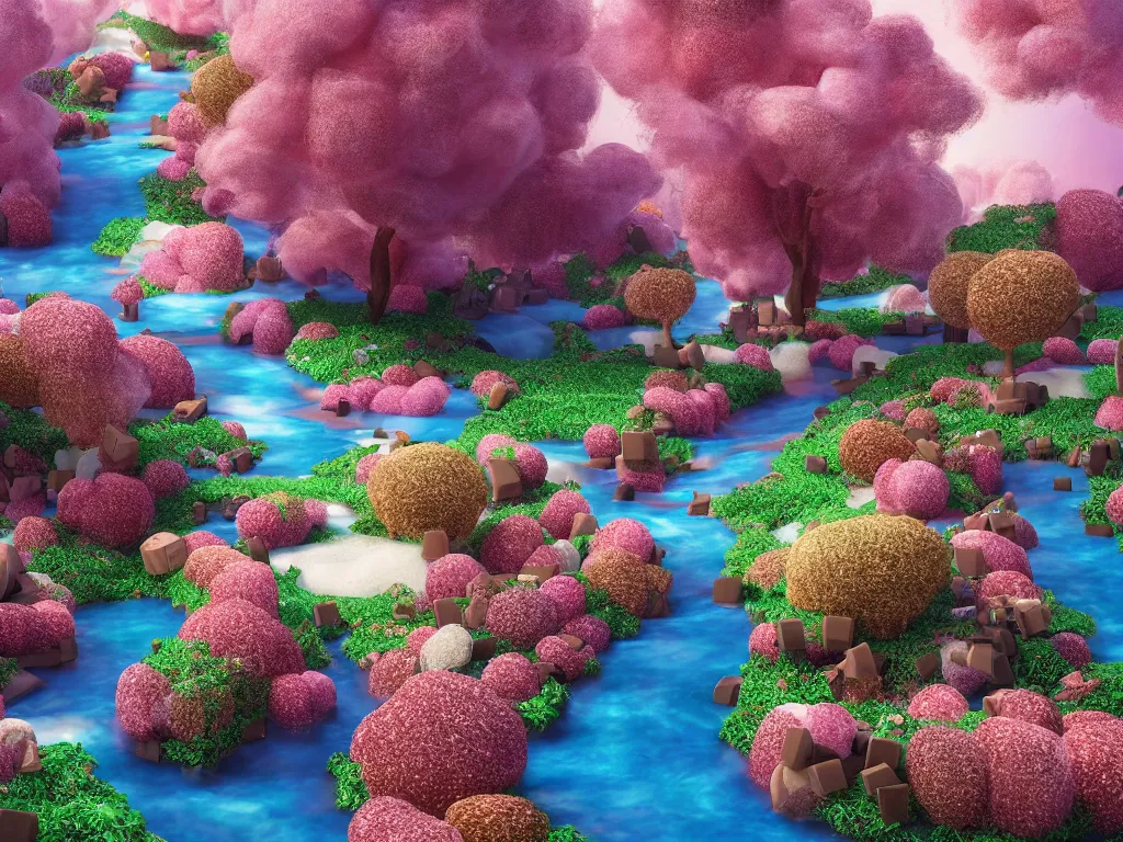 Prompt: an ultra realistic dream landscape of a chocolate river, trees made of candies cotton candy bushes roads made of buiscuits, octane render, unreal engine, 4 k, masterpiece, tilt shift, david lachapelle, alice in wonderland, trending on artstation,