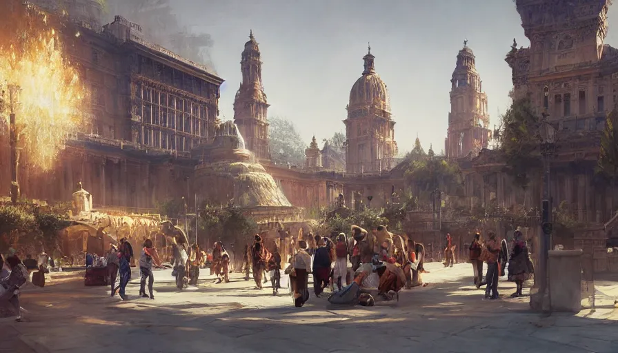 Prompt: craig mullins digital illustration of world's columbian exposition, strong contrast, sunny morning, raking light, unreal engine, hyper realism, realistic shading, cinematic composition, realistic render, octane render, detailed textures, photorealistic, wide shot
