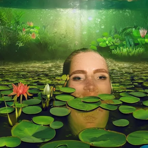 Image similar to A face submerged in shallow water surrounded by lily pads and other vegetation. The eyes are glowing and there is a hand reaching out towards you