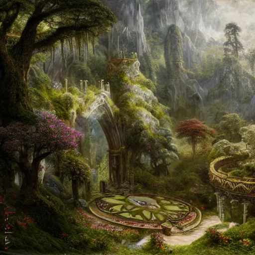 Image similar to a beautiful and highly detailed matte painting of an elven garden palace in a breath taking forest in a deep valley in the beautiful mountains of avalon, intricate details, epic scale, insanely complex, 8 k, sharp focus, hyperrealism, very realistic, by caspar friedrich, albert bierstadt, james gurney, brian froud,