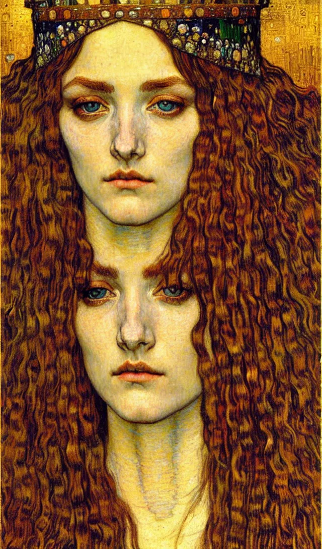 Image similar to detailed realistic beautiful young medieval queen face portrait by jean delville, gustav klimt and vincent van gogh, art nouveau, symbolist, visionary, gothic, pre - raphaelite, muted earthy colors, desaturated