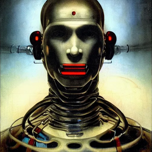 Prompt: sickly pale white cyborg with smoke pouring from the corners of his mouth, black bronze tubes connecting right side of head to neck with inflamed red entry points, pale blue glowing cybernetic eye, cyberpunk surgical suite, surgical light overhead, famous 1923 painting by Rembrandt and Bruegel and H.R. Giger