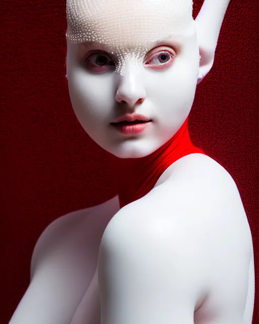 Prompt: symmetrical portrait of a woman wearing a red embroidered translucent silicone mask and white frizzy hair buns, wearing a silicone white bodysuit, cream white background, soft diffused light, biotechnology, futuristic aesthetic, translucent, ethereal, intricate details, highly detailed, masterpiece,