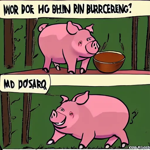 Image similar to a pig screaming in horror as another pig gets barbequed, funny, by Disney