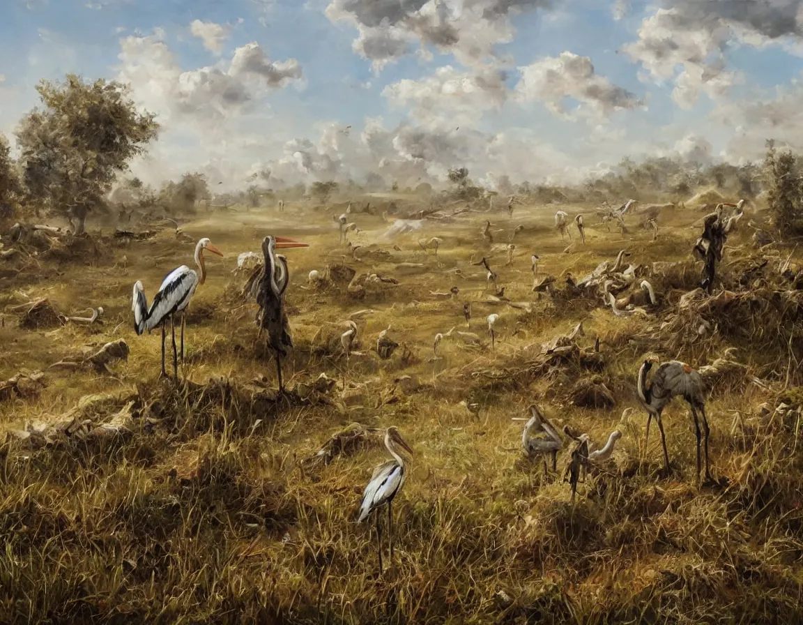 Image similar to the beautiful oil painting of the pair of storks walking by the field and looking to the destroyed weapons and war tanks, destroyed tanks and shelling on the background, trending on artstation, digital art, highly detailed, canvas oil painting