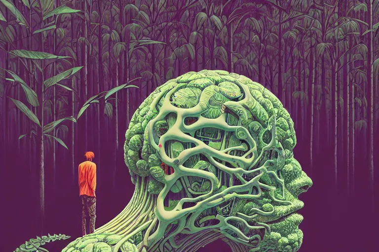 Prompt: gigantic robot head with lot of glass details, a lot of exotic vegetation, trees, flowers, dull colors, in the foggy huge forest, by moebius, junji ito, tristan eaton, victo ngai, artgerm, rhads, ross draws, hyperrealism, intricate detailed, risograph, optical illusion