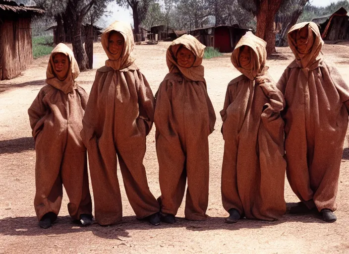 Prompt: realistic documentary photo of a group of people wearing brown dry trees costumes in a wooden village 1 9 9 0, life magazine reportage photo, neutral colors, neutral lighting