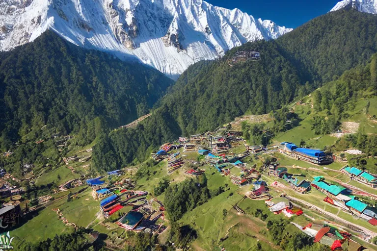 Prompt: Ski resort in nepal, aerial view, promotional ad