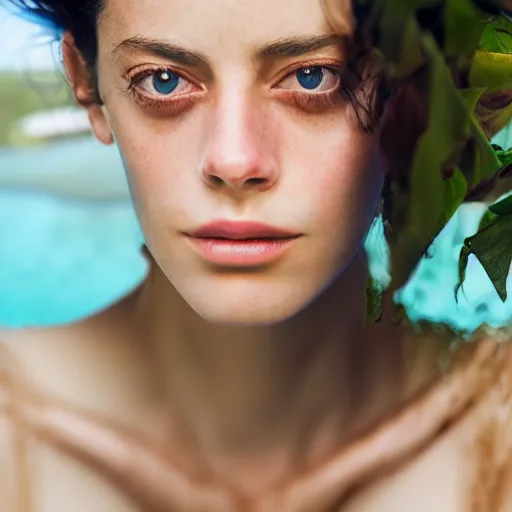 Image similar to portrait of a beautiful girl + kaya scodelario, in the deep dream water, beautiful smooth soft light + white petal, by personal photography, closeup, 4 k, highly detailed, instagram,