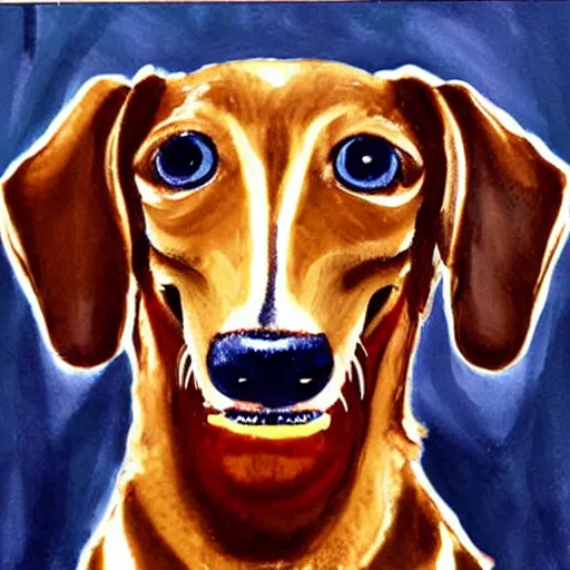 Image similar to very detailed portrait of a very happy dachshund, with a big smile