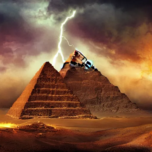 Prompt: Helios muscular god, red fire eyes, guarding the pyramid of Cheops, dessert, ancient world, realistic, god, dramatic lightning, very detailed, concept art,