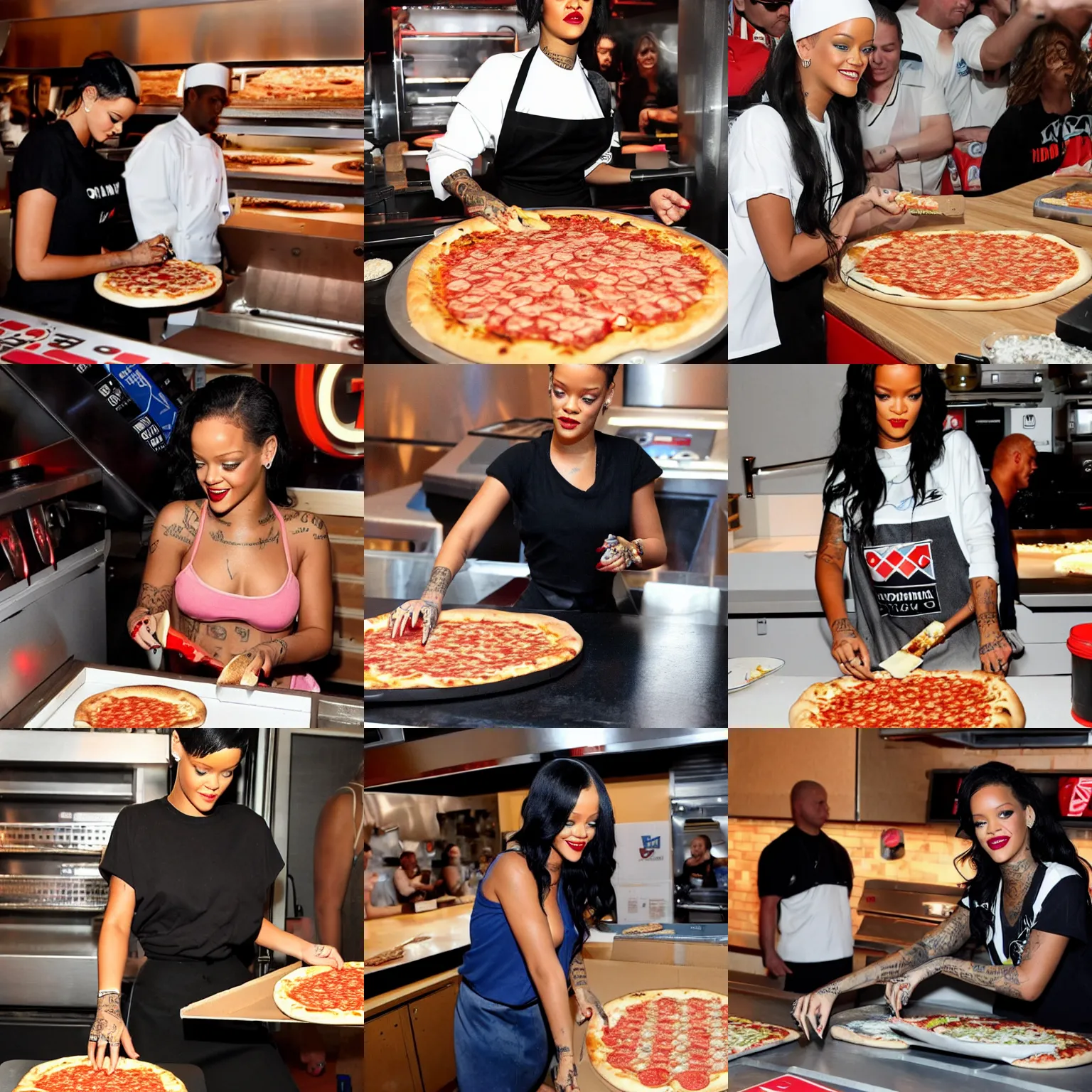 Prompt: rihanna making pizza at dominoes pizza