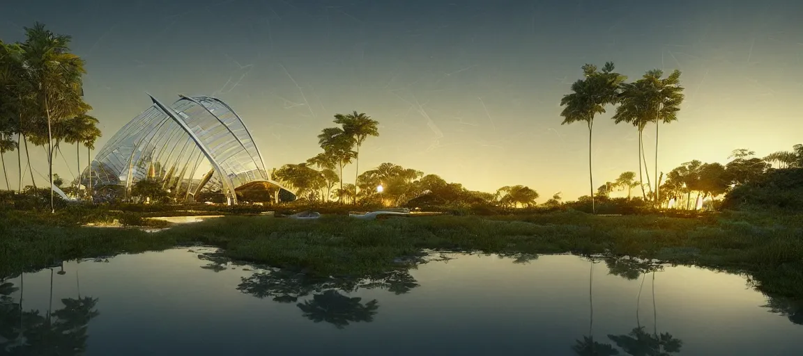 Prompt: futuristic shinny golden biomorphic skycrapper by santiago calatrava, landscape with overgrown vegetation in the middle of the jungle, glowing reflections, at dusk, octane render redshift unreal engine, by joaquin sorolla, deviantart, wallpaper, triangular composition, central view perspective, rule of thirds, golden ratio