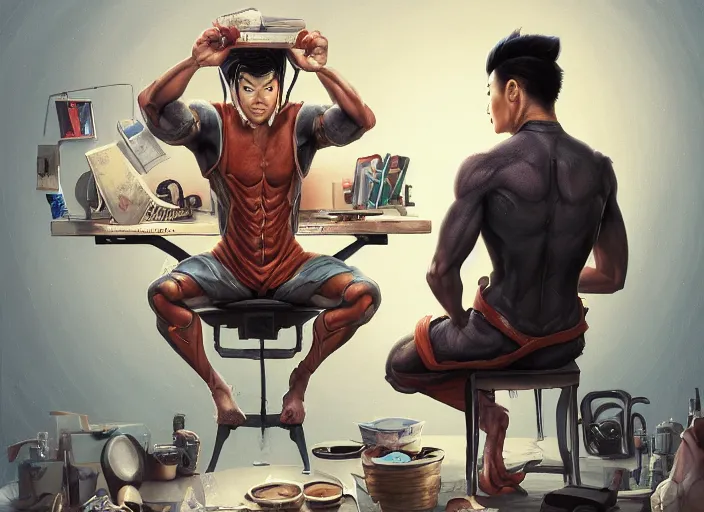 Image similar to an insanely detailed painting of an asian man wearing a homemade superhero costume, sitting at a desk, staring seriously at the computer and typing, in the style of peter mohrbacher, james jean, artgerm, dramatic lighting and composition, surreal background, octane render, pixar, trending on artstation, concept art, comic book, view from behind, 8 k