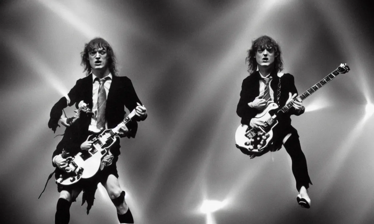 Prompt: a heavenly angus young from ac/dc with a halo surrounded by angels