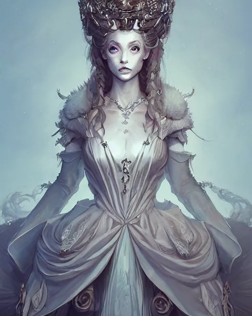 Image similar to portrait of a baroque princess dress from the fantasy world for the dragon queen atey gaylan, wonderful eyes, greg rutkowski, greg tocchini, james gillard, joe fenton, kete butcher, dynamic lighting, gradient light blue, brown, light cream and white colors, grunge aesthetics, detailed and complex environment