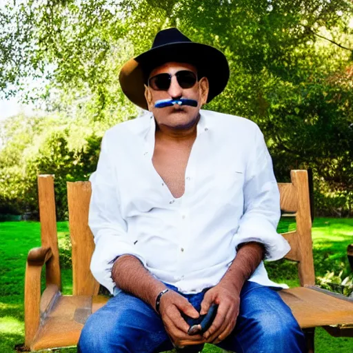 Prompt: vinod striking a pose with a white hat and cigar in his mouth as he sits on his bench