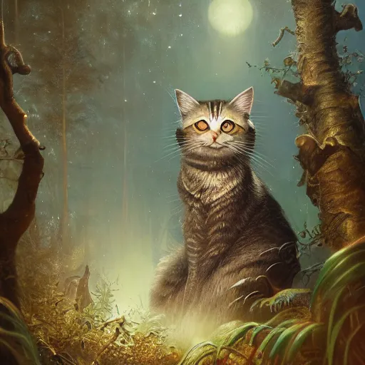 Prompt: metallic gold cat in the gnarly forest at night by tom bagshaw, mucha, karl kopinski, trending on artstation, 8k, denoised, crisp, hd