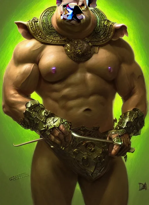 Image similar to portrait of aggressive pig humanoid, d & d, muscular! green, fantasy, intricate, elegant, highly detailed, digital painting, artstation, concept art, smooth, sharp focus, illustration, art by artgerm and greg rutkowski and alphonse mucha