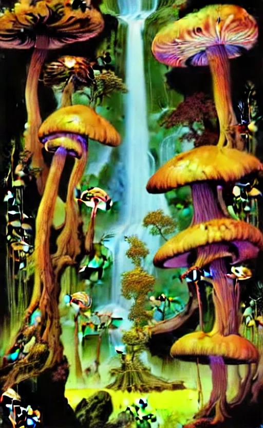 Prompt: psychedelic mushrooms, enchanted forest, waterfall, wide angle shot, vector art, illustration by frank frazetta and salvador dali