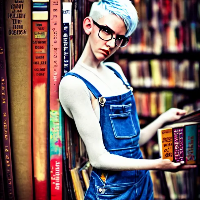 Image similar to full body pose, beautiful adult fairy, pixar, short white hair shaved sides, dirty, grungy, grunge, long sleeve, painted overalls, stacks of giant books, highly detailed, 4 k, hdr, smooth, sharp focus, high resolution, award - winning photo, artgerm, photorealistic