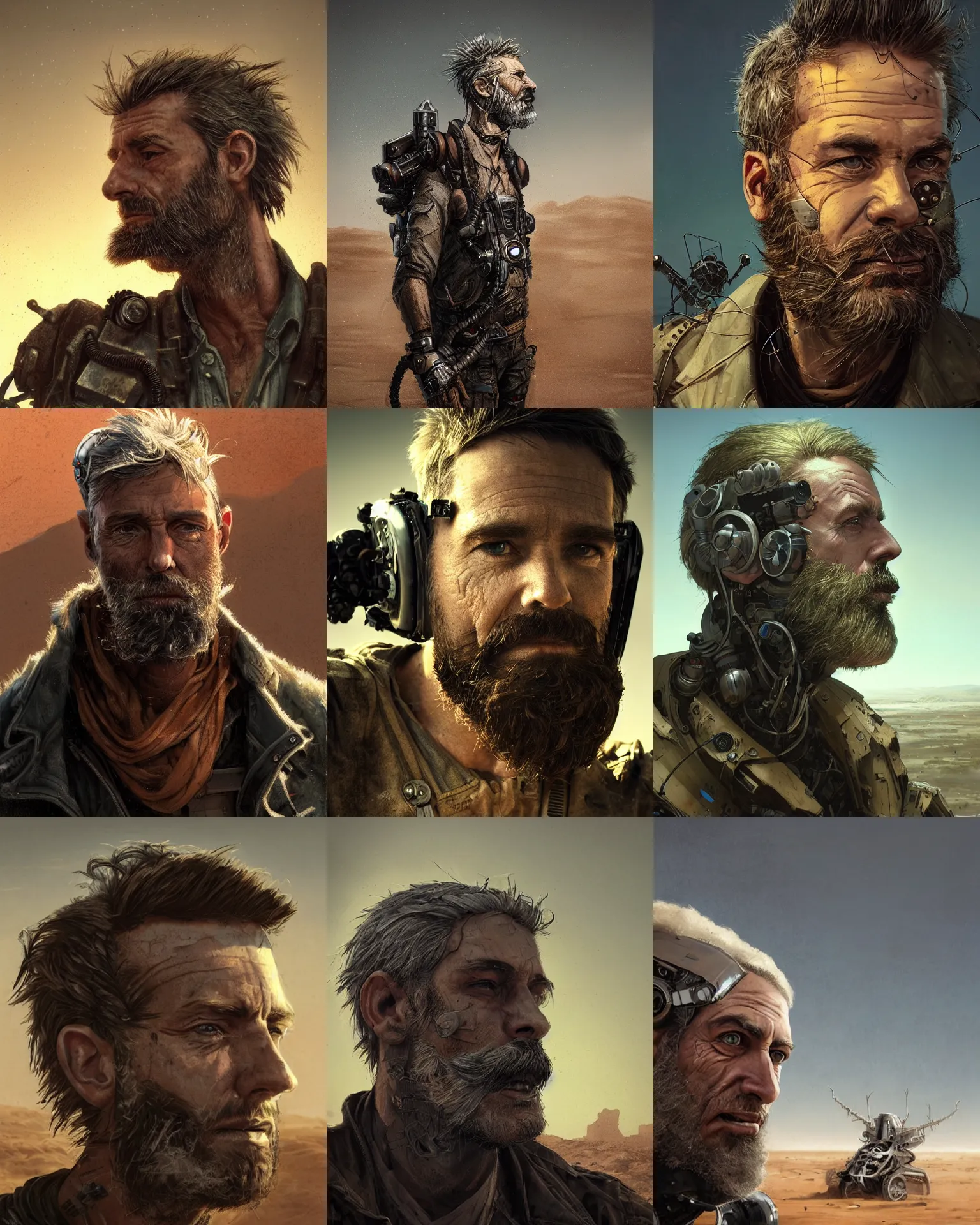 Prompt: a rugged mid aged engineer man with cybernetic enhancements and punk hair lost in the desert, short beard, scifi character portrait by greg rutkowski, esuthio, craig mullins, green eyes, 1 / 4 headshot, cinematic lighting, dystopian scifi gear, gloomy, profile picture, mechanical, half robot, implants, steampunk