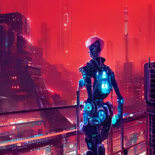Image similar to character with short white hair, robotic arm, city in background, neonpunk, dystopian, scifi, intricate, detailed red lighting, digital art, trending on artstation