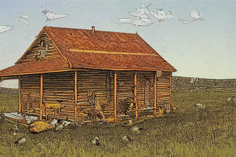 Image similar to country road cabin goose by moebius