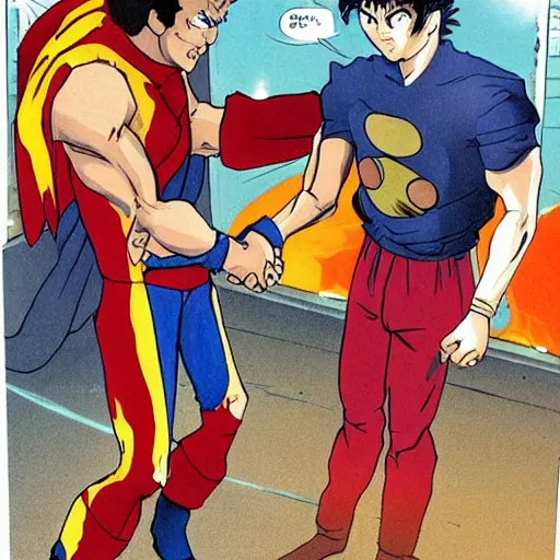 Prompt: Zagor Tenay and Goku shaking hands