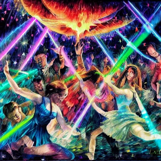 Image similar to rave dance party with lasers by arthur adams, charlie bowater, leonid afremov, chiho ashima, karol bak, david bates, tom chambers