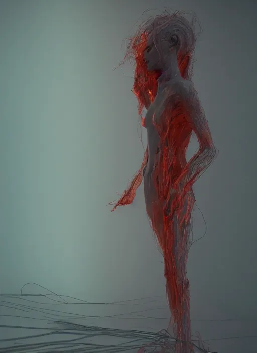 Image similar to rgb, woman, bedroom full of fire, sadness, cinematic, movie scene, inspired by zdzislaw beksinski, clothes made out of veins,, cables everywhere, bedroom, ultra realistic, concept art, intricate details, highly detailed, photorealistic, octane render, 8 k