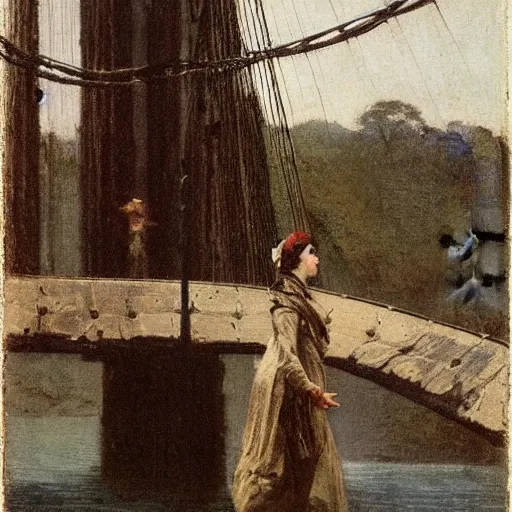 Prompt: woman traversing a suspension bridge by alfred stevens